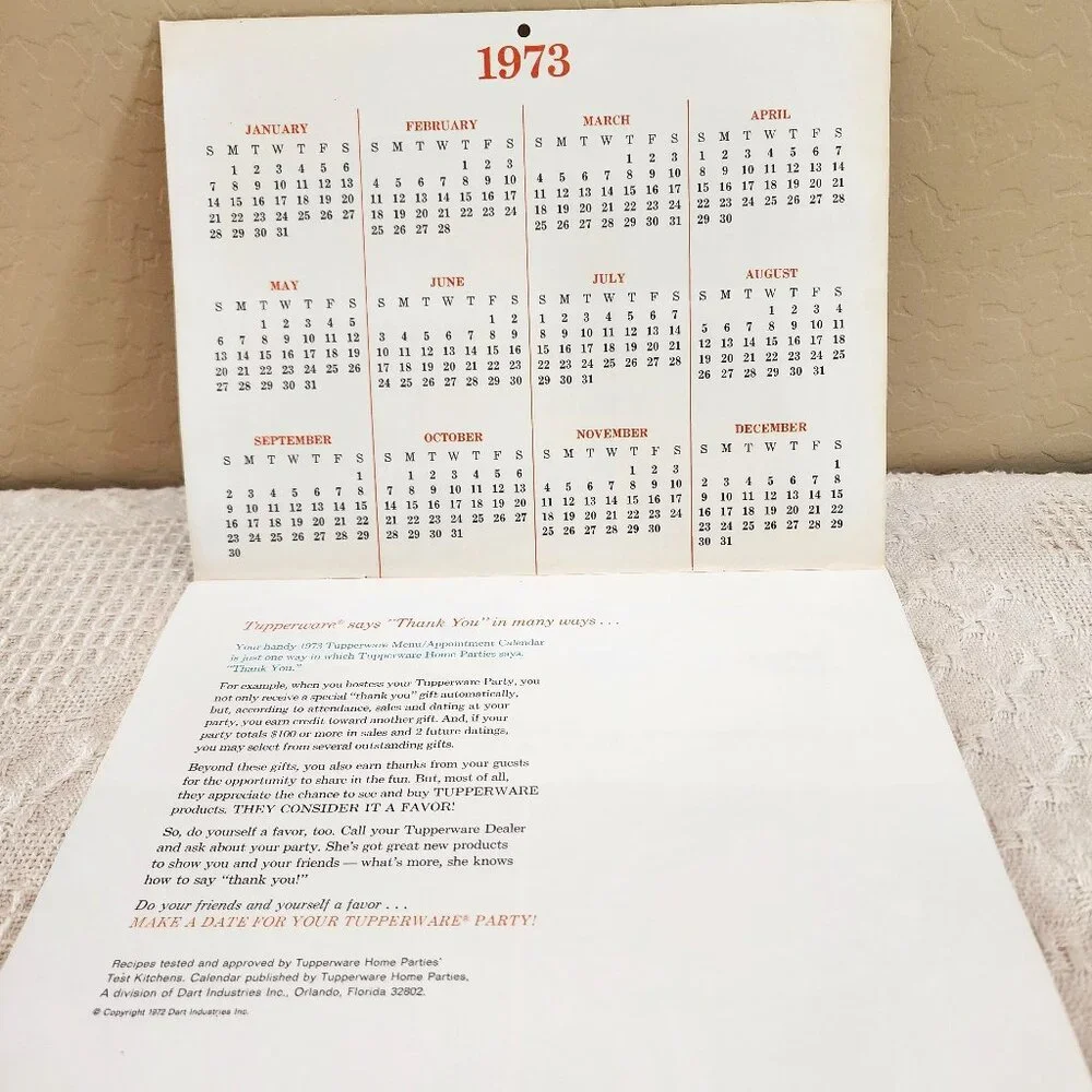 1973 MCM Vintage Unused Tupperware Calendar + Mailing Envelope and Letter NOS